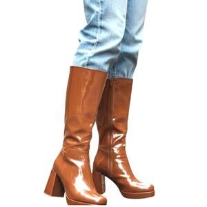 Top Moda 11 Brown Paten Leather Women's Knee Length Riding Boots Shoes 4 In Heel